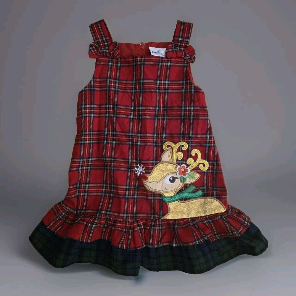 RARE EDITIONS girls CHRISTMAS Plaid Rudolph Jumper/Dress! Size 5T -‎ MC1